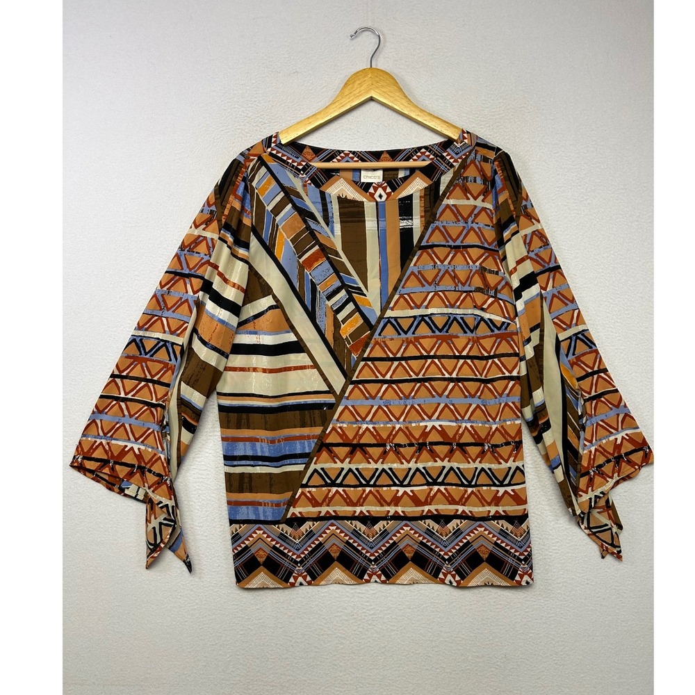 Southwestern Boho Chico's Women Size 2 Large Orange Geometric Faux Wrap Blouse
